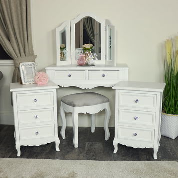 White Dressing Table, Mirror, Stool & Pair Bedside Tables - Victoria...