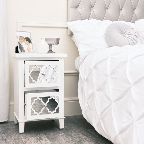 White Mirrored Lattice Bedside Table - Sabrina White Range