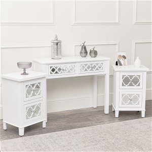 White Mirrored Lattice Console Table / Dressing Table & Pair of White Mirrored Bedside Tables - Sabrina White Range