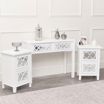 White Mirrored Console Table / Dressing Table & Pair of White Mirrored Bedside Tables - Sabrina White Range