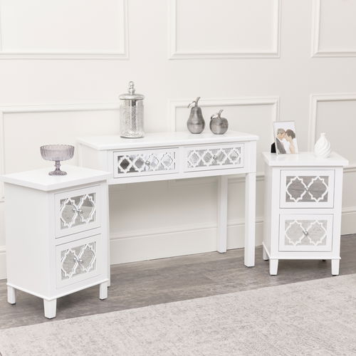 White Mirrored Lattice Console Table / Dressing Table & Pair of White Mirrored Bedside Tables - Sabrina White Range