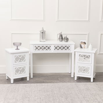 White Mirrored Console Table / Dressing Table & Pair of White Mirrored Bedside Tables - Sabrina White Range