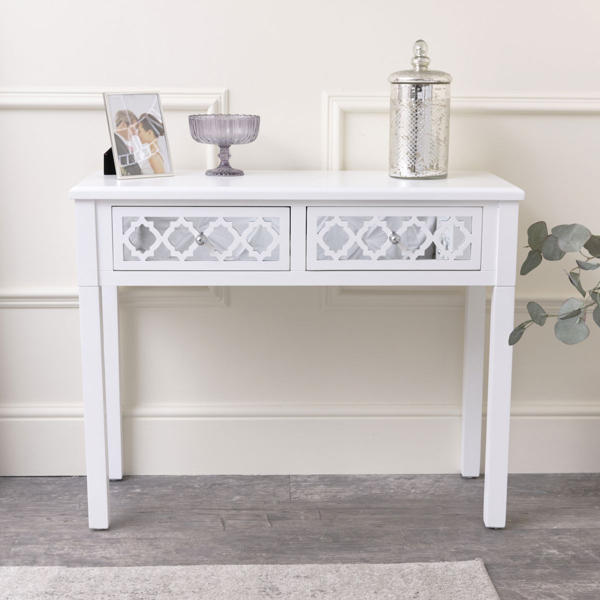 White Mirrored Lattice Console Table / Dressing Table Sabrina White
