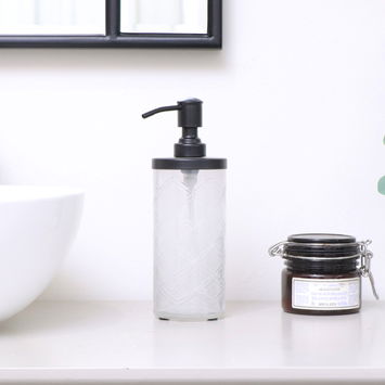White Patterned Soap Dispenser with Black Rim