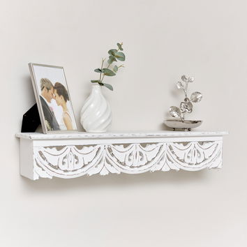 White Wooden Carved Boho Wall Shelf