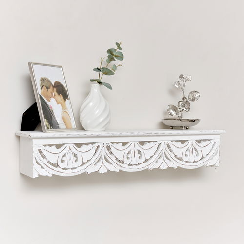 White Wooden Carved Boho Wall Shelf - 60cm