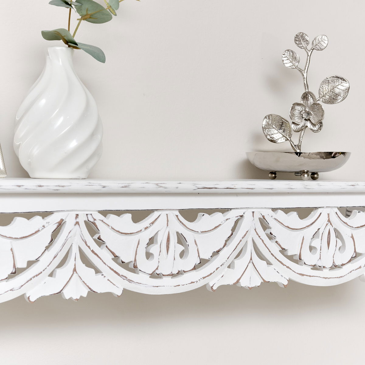 White Wooden Carved Boho Wall Shelf Melody Maison