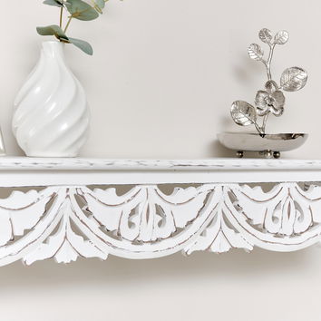 White Wooden Carved Boho Wall Shelf