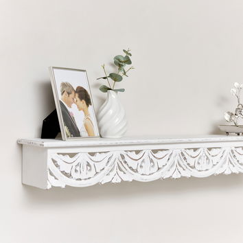 White Wooden Carved Boho Wall Shelf