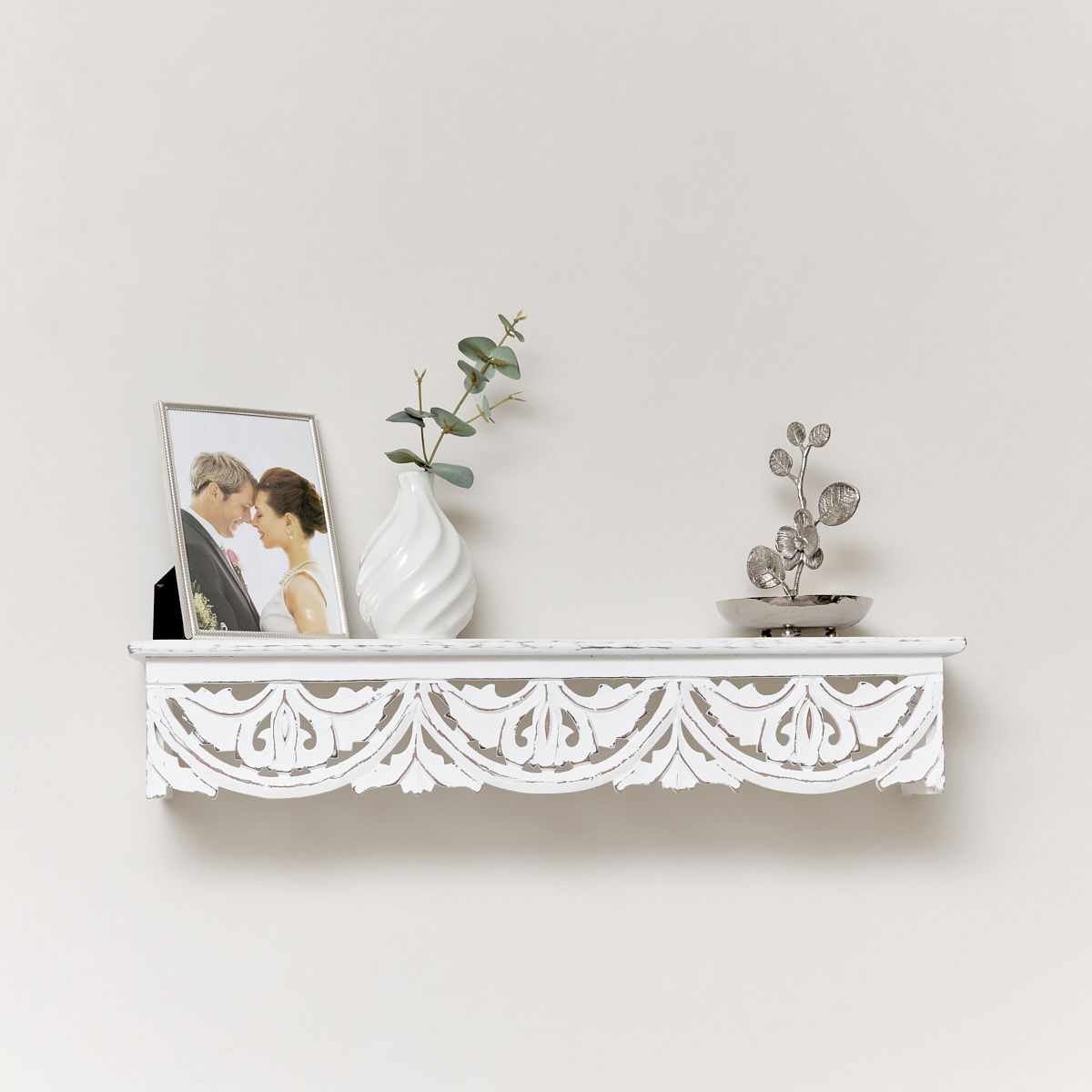White Wooden Carved Boho Wall Shelf Melody Maison