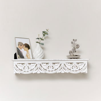 White Wooden Carved Boho Wall Shelf