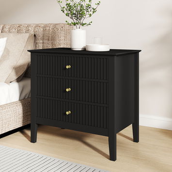 Wide 3 Drawer Chest of Drawers and Pair of Bedside Tables - Hales Black Range