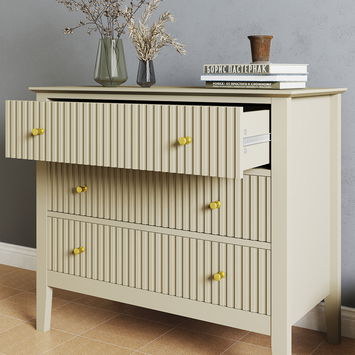 Wide 3 Drawer Chest of Drawers and Pair of Bedside Tables - Hales Taupe Range