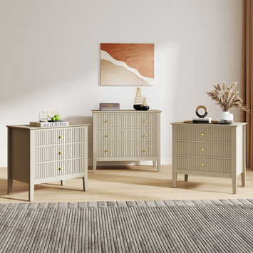 Wide 3 Drawer Chest of Drawers and Pair of Bedside Tables - Hales Taupe Range