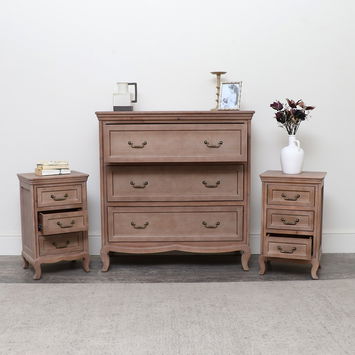 4 Drawer Chest Of Drawers & Pair of Wooden 3 Drawer Bedside Tables - Hessian Range