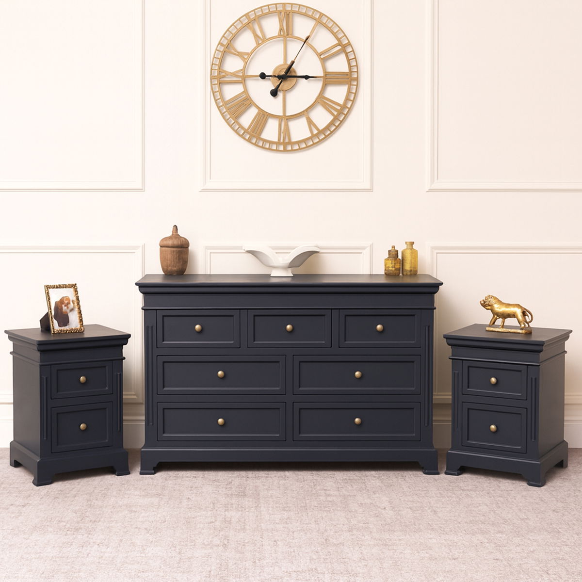 Large Navy Black 7 Drawer Chest of Drawers & Pair of Bedside Tables - Daventry Navy Black Range