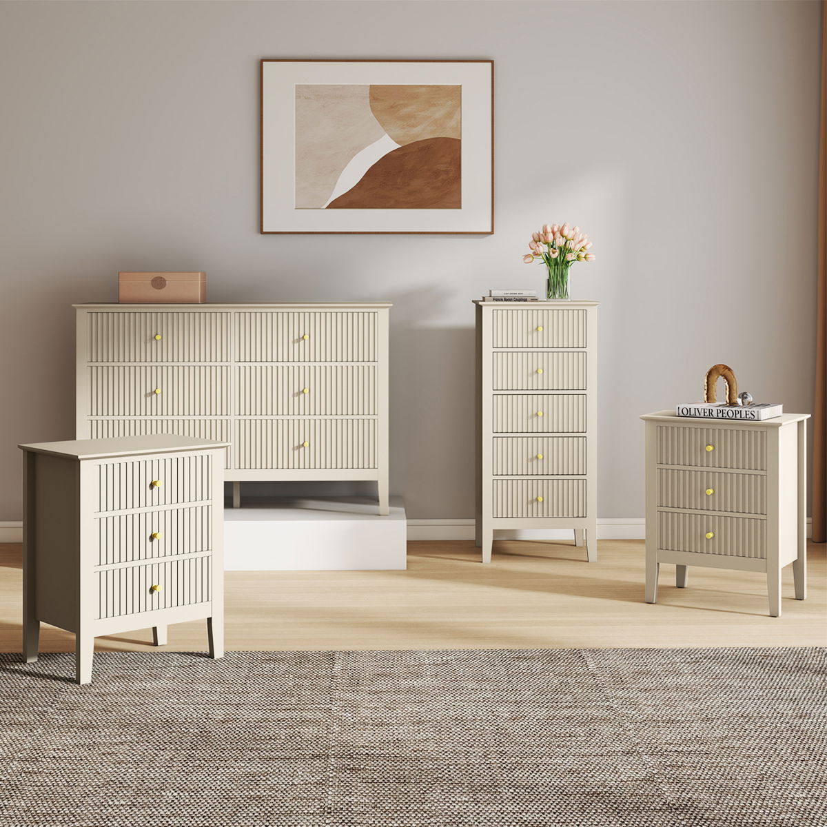 3 Drawer Chest of Drawers, Tall 5 Drawer Bedside Table and Pair of 3 Drawer Bedside Tables - Hales Taupe Range