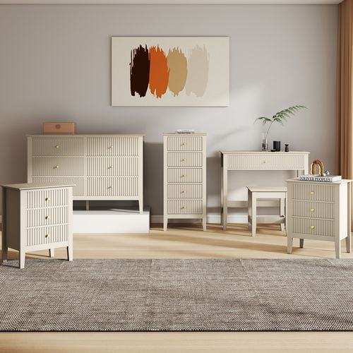 3 Drawer Chest of Drawers, Tall 5 Drawer Bedside Table, Pair of 3 Drawer Bedside Tables and Dressing Table Set - Hales Taupe Range