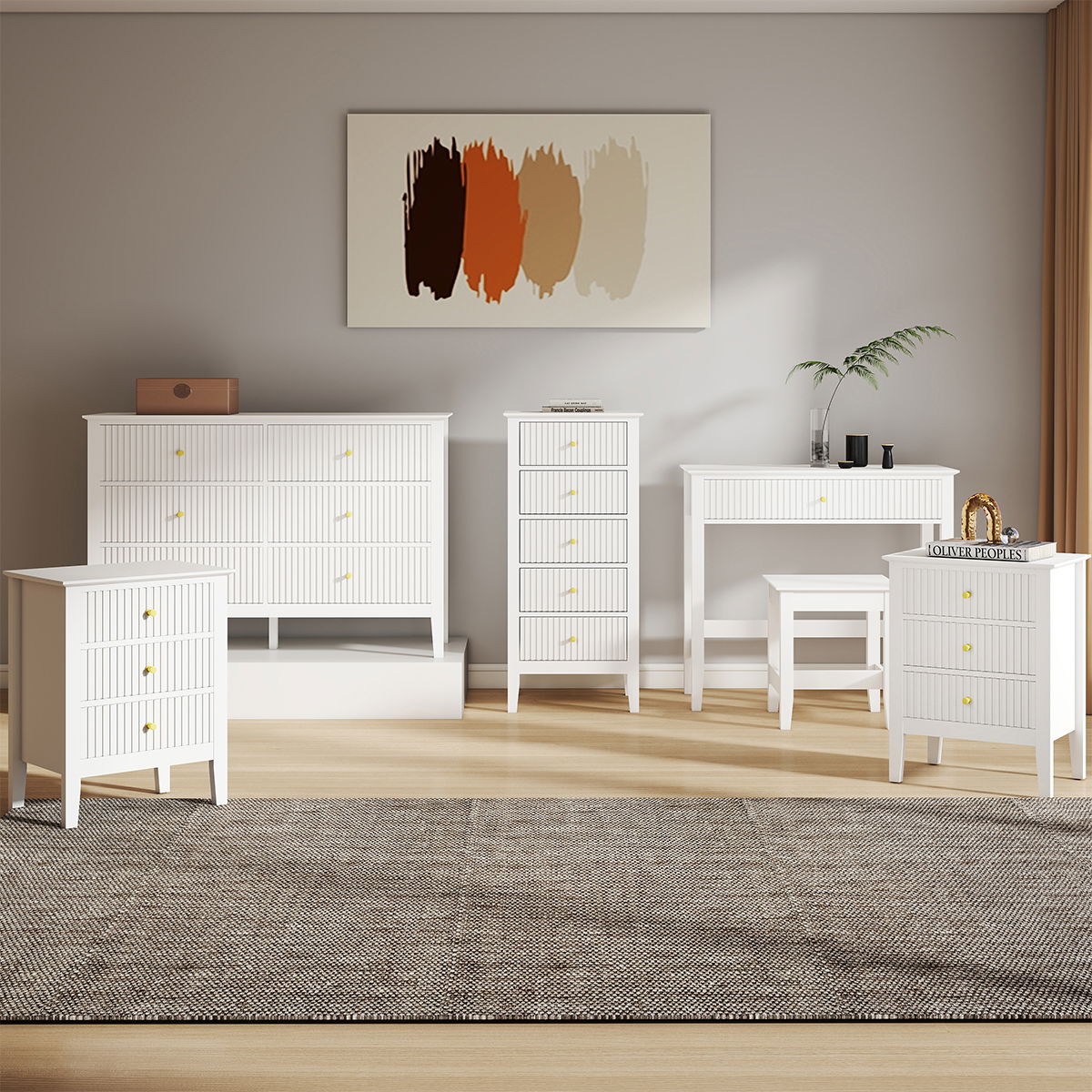 3 Drawer Chest of Drawers, Tall 5 Drawer Bedside Table, Pair of 3 Drawer Bedside Tables and Dressing Table Set - Hales White Range