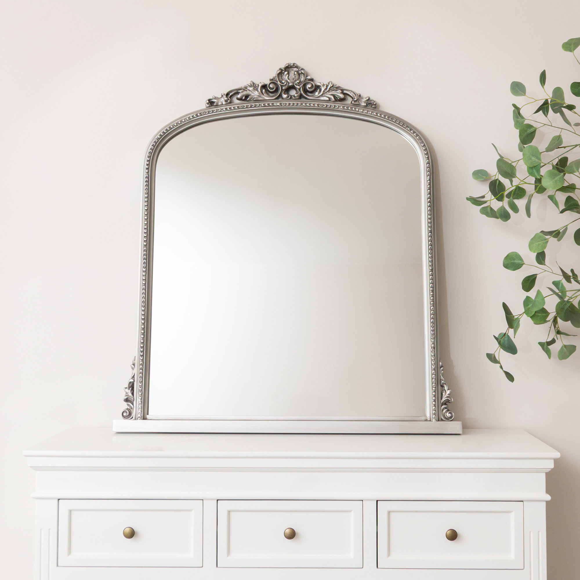 Antique Silver Ornate Arch Overmantle Mirror - 88cm x 100cm