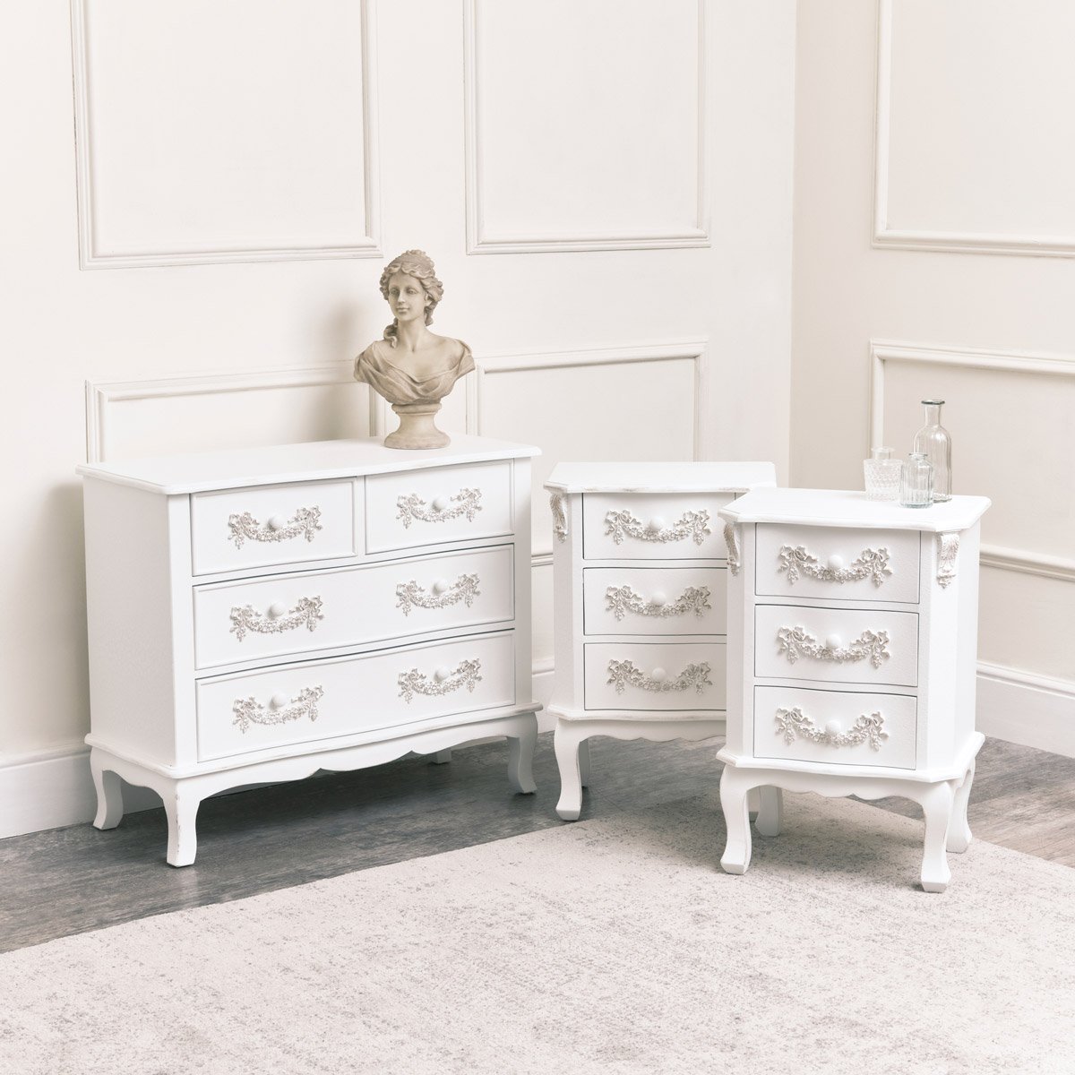 Antique White 4 Drawer Chest of Drawer & Pair of 3 Drawer Bedside Tables - Pays Blanc Range 