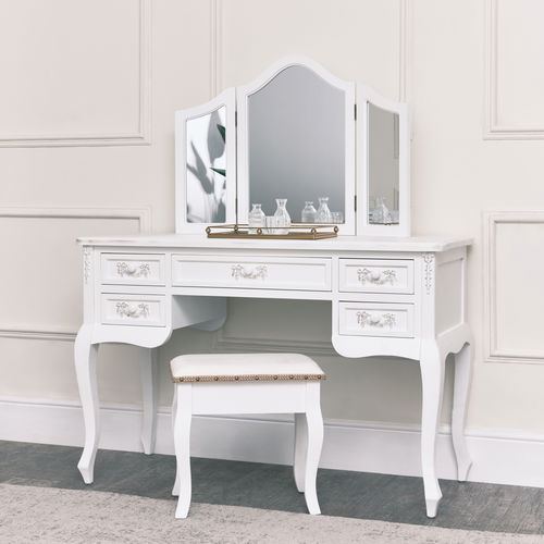 Antique White Dressing Table Desk with Triple Mirror and Stool - Pays Blanc Range