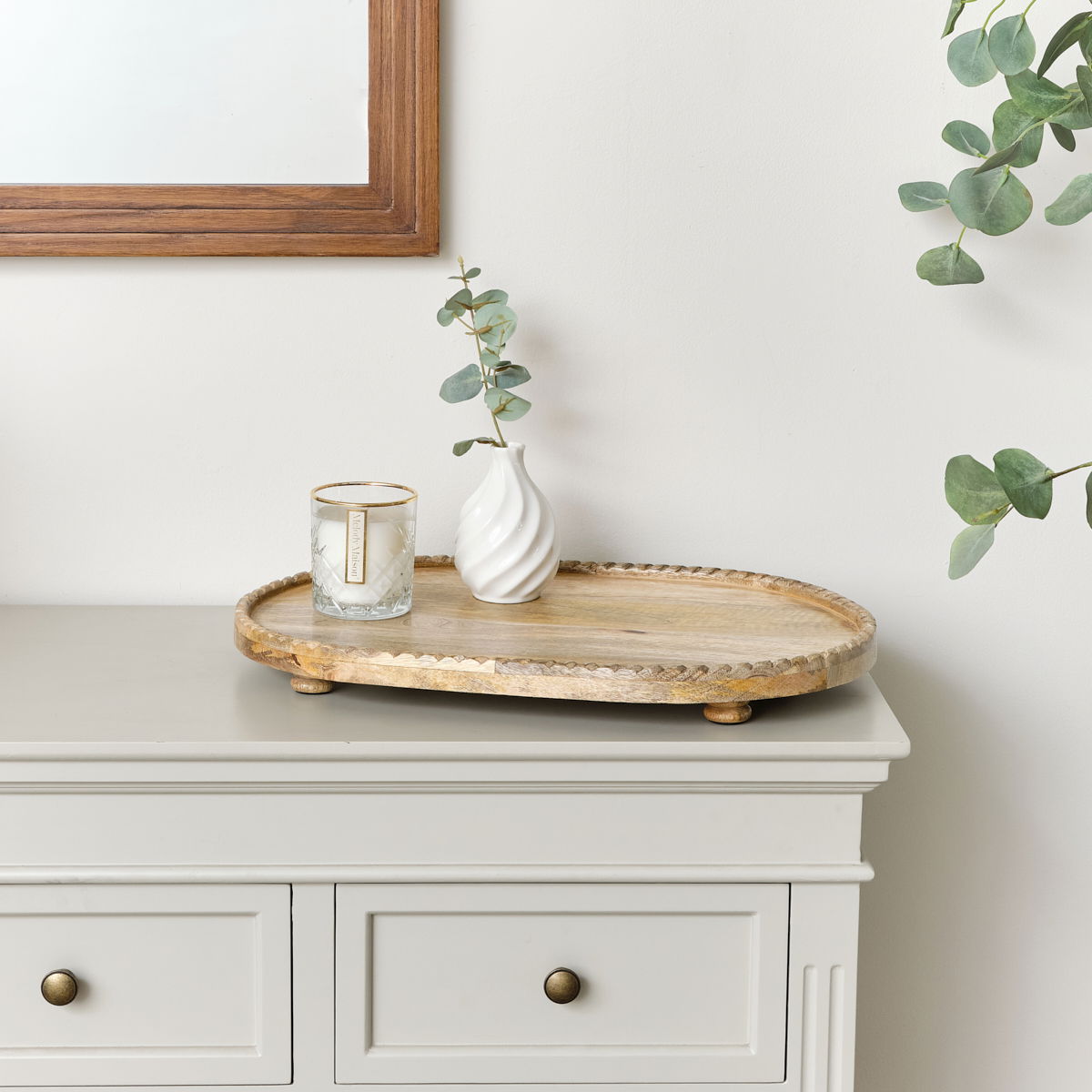 Large Oval Mango Wood Detailed Tray - 52cm
