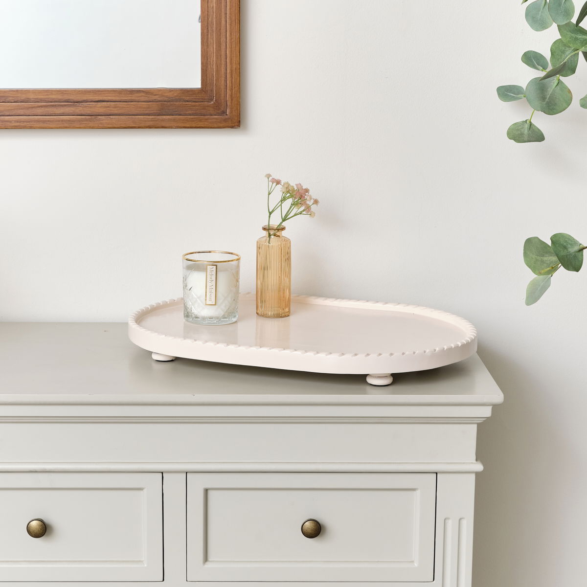 Large Oval Pink Painted Wooden Detailed Tray - 52cm