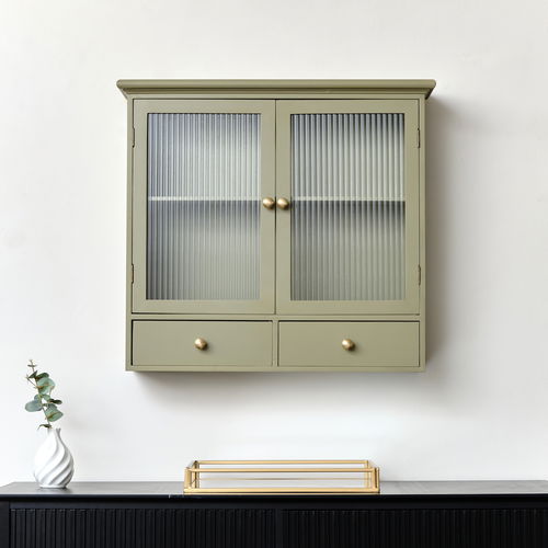 Olive Green Reeded Glass Wall Cabinet with Drawers