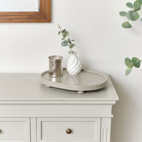 Oval Taupe Painted Wooden Detailed Tray - 38cm