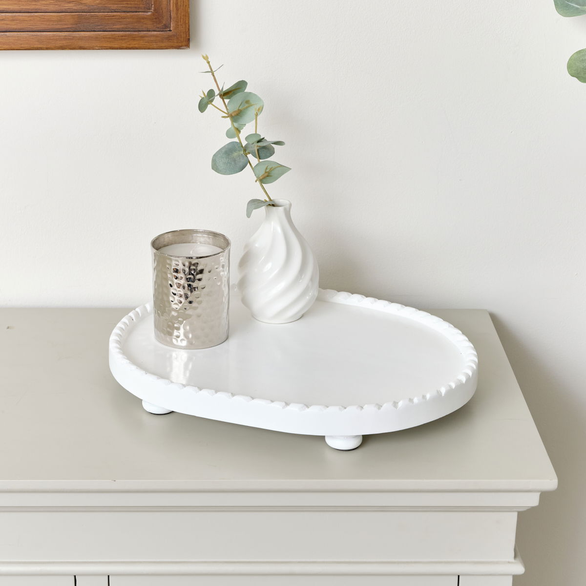 Oval White Painted Wooden Detailed Tray - 38cm