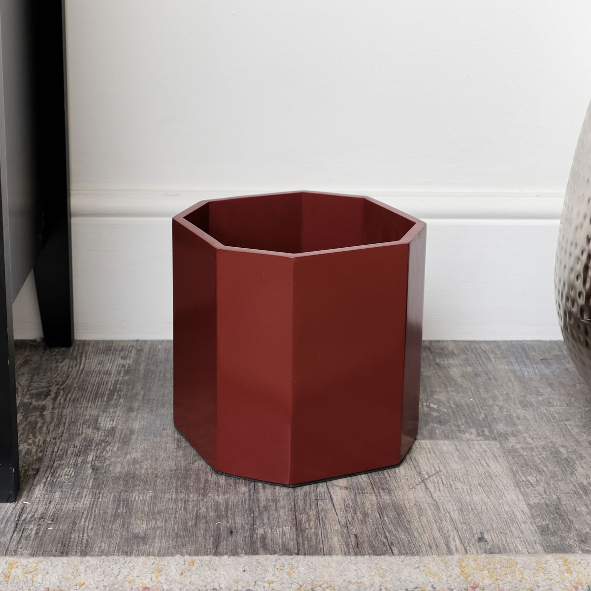 Oxblood Dark Red Wooden Octagonal Edge Waste Paper Bin