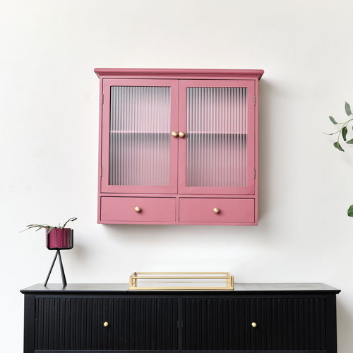 Raspberry Red Reeded Glass Wall Cabinet with Drawers