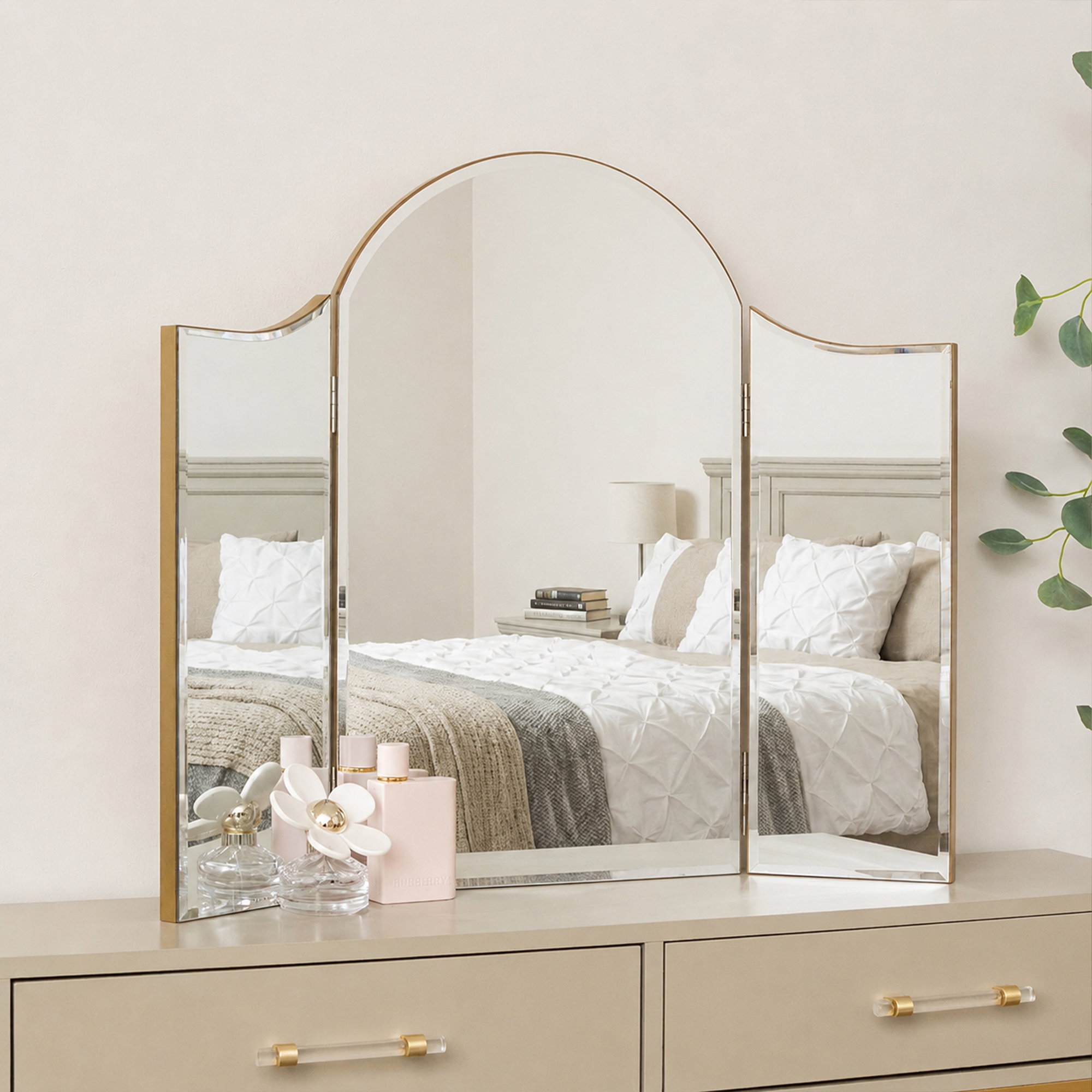 Arched Gold Vintage Triple Dressing Table Mirror - Liana Range