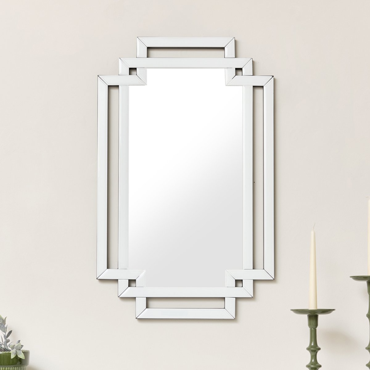Art Deco White Glass Wall Mirror with Mirrored Accents - 80cm x 50cm