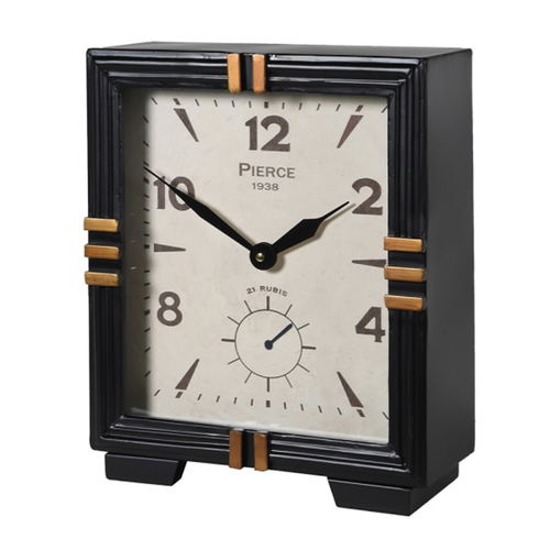 Black & Gold Metal Square Table Top / Mantel Clock 32cm x 26cm