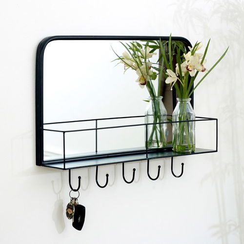 Black Mirrored Wall Shelf With Hooks