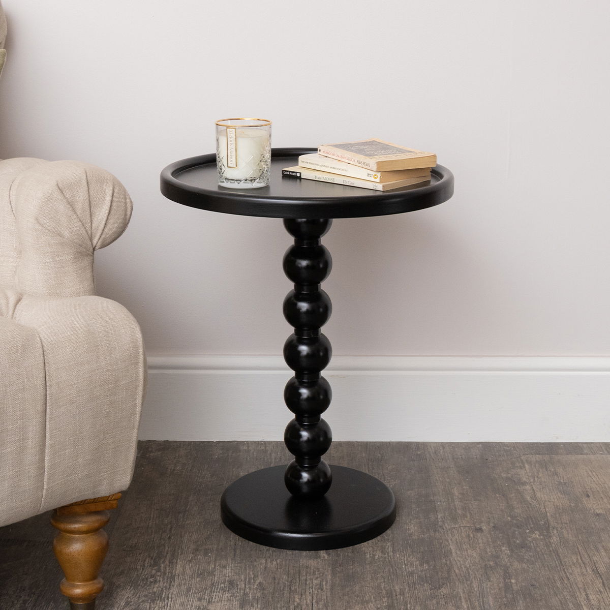 Black Painted Round Wooden Bobble Side Table - 45cm x 56.5cm