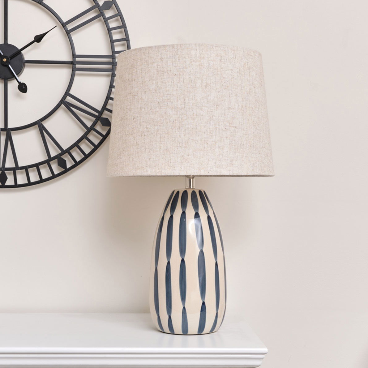 Blue and Cream Hand Painted Table Lamp with Linen Shade