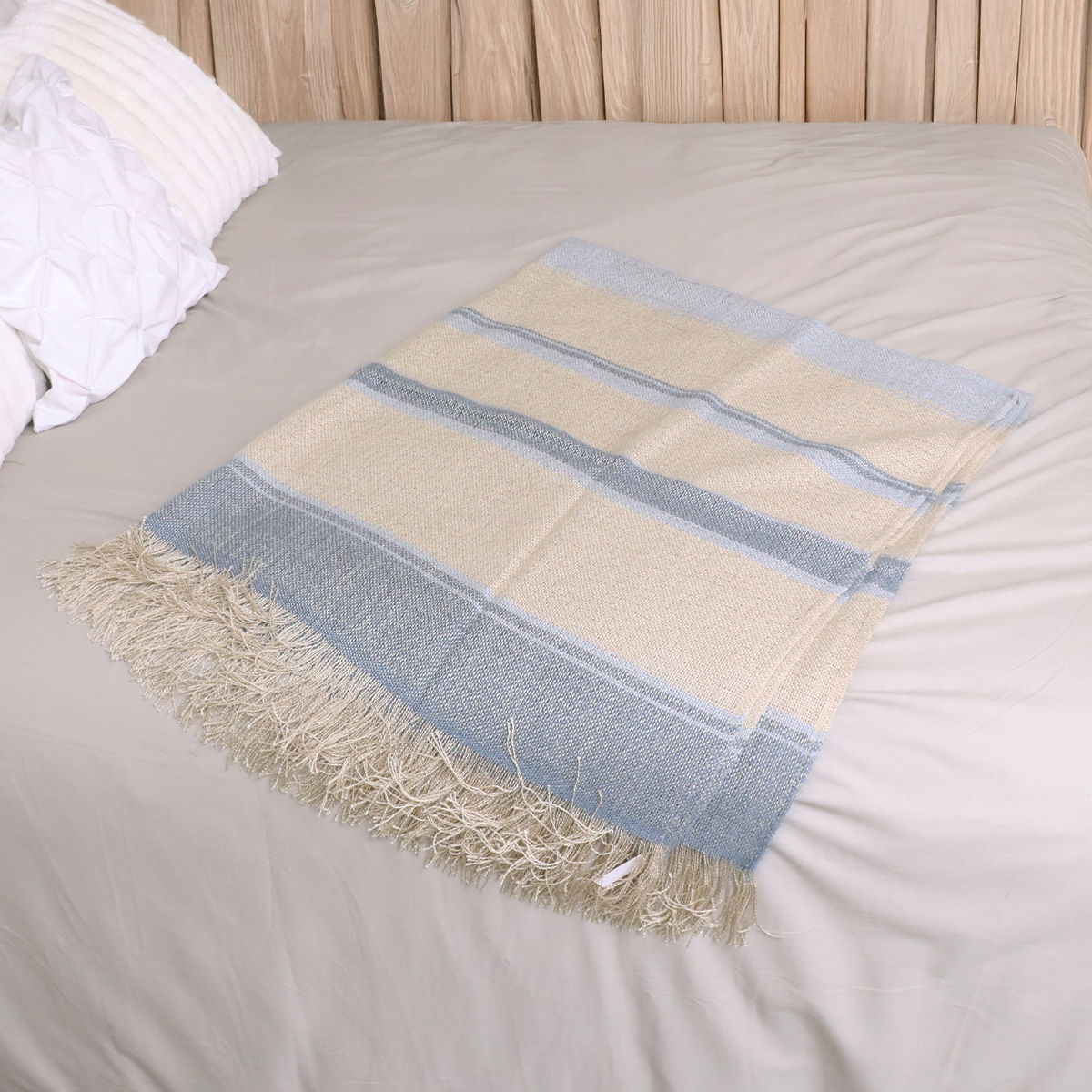 Blue and Cream Stripe Throw with Tassels - 155cm x 126cm