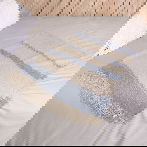 Blue and Cream Stripe Throw with Tassels - 155cm x 126cm