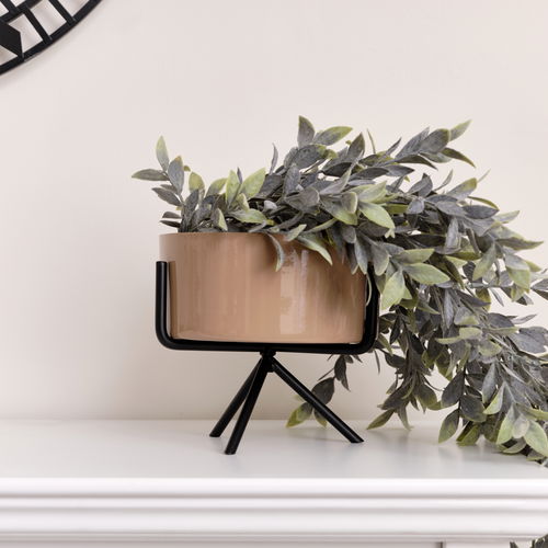 Coffee Brown Metal Planter Pot with Stand - 16.5cm