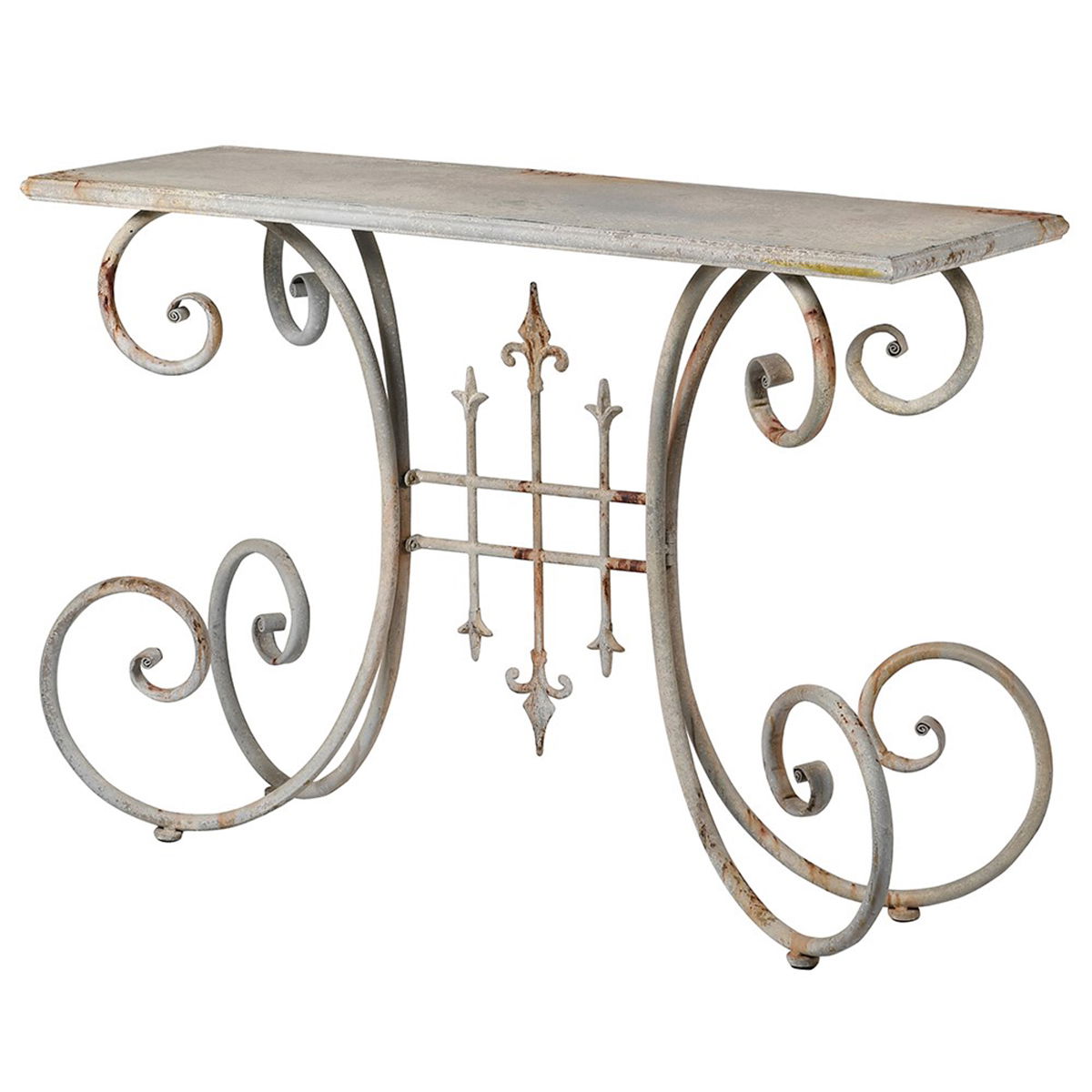 Distressed White Metal Side Table With Curled Legs