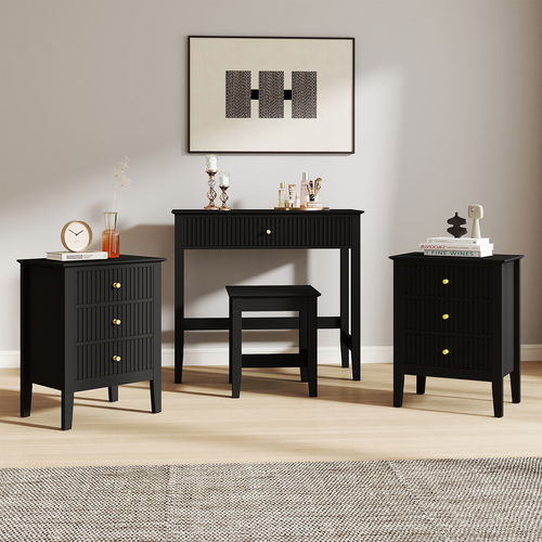 Dressing Table, Stool & Pair of Large 3 Drawer Bedside Tables - Hales Black Range