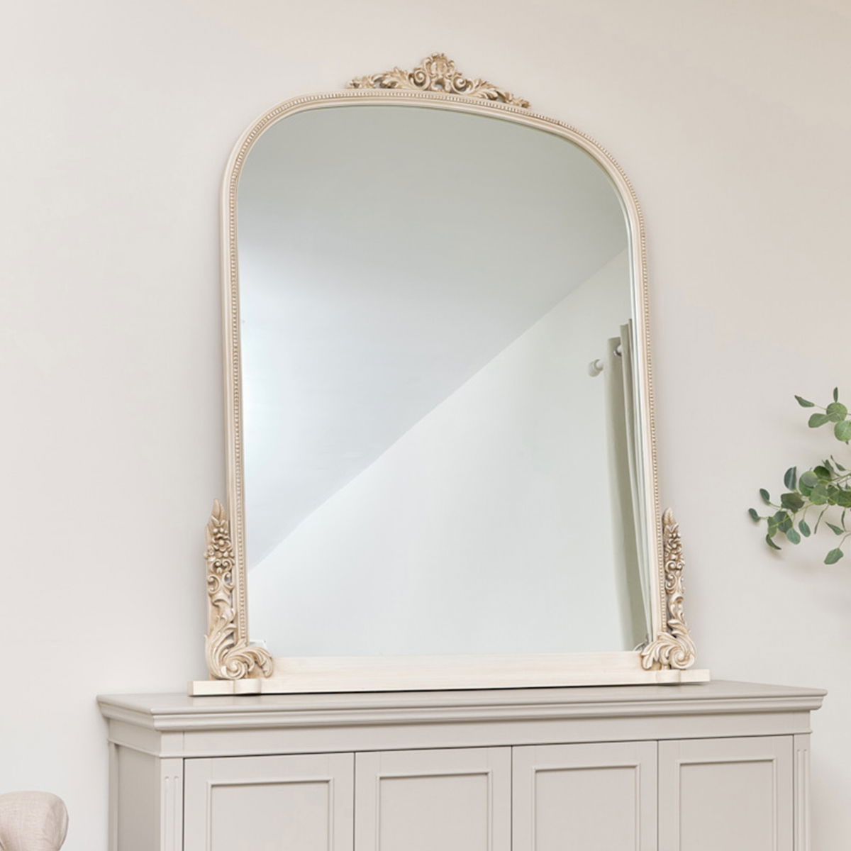 Extra Large Arch Antique Ivory Ornate Overmantle Mirror - 152cm x 128cm 