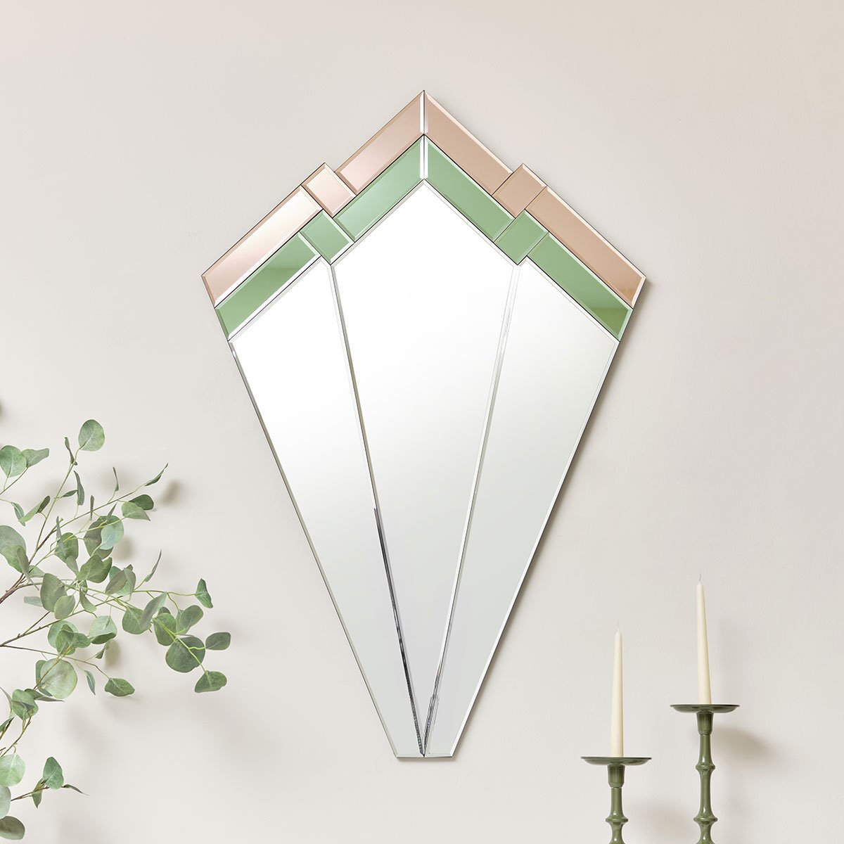 Extra Large Green & Pink Art Deco Fan Wall Mirror 120cm x 80cm