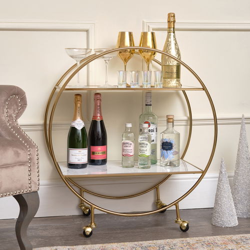 Gold & Marble Round Bar Cart Drinks Trolley