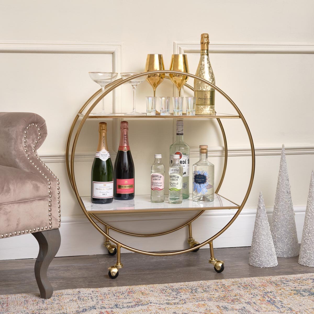Gold & Marble Round Bar Cart Drinks Trolley