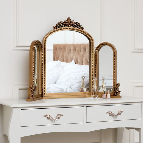 Gold Ornate Arched Triple Dressing Table Mirror 80cm x 56cm