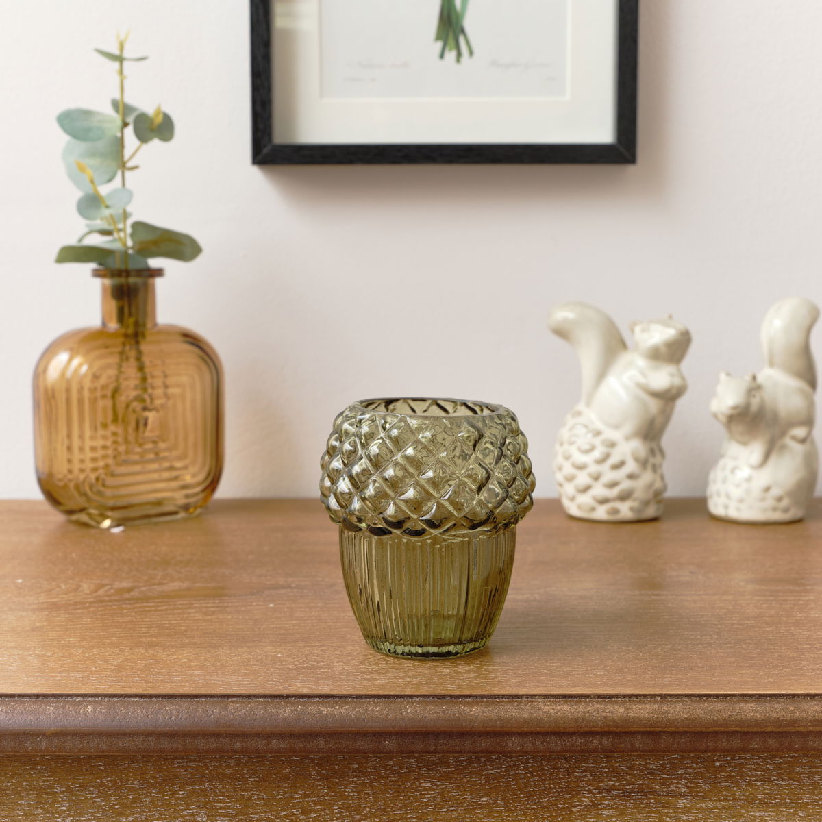 Green Glass Autumn Acorn Candle Holder 9cm